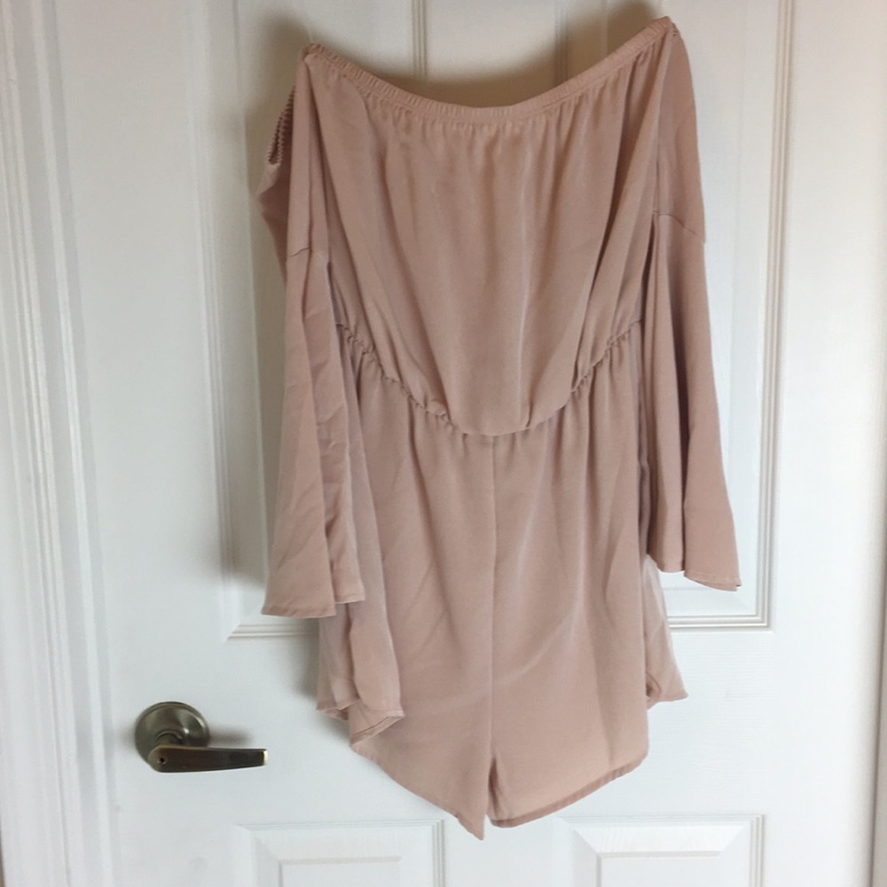 Satin Off the Shoulder Romper 'Nude'